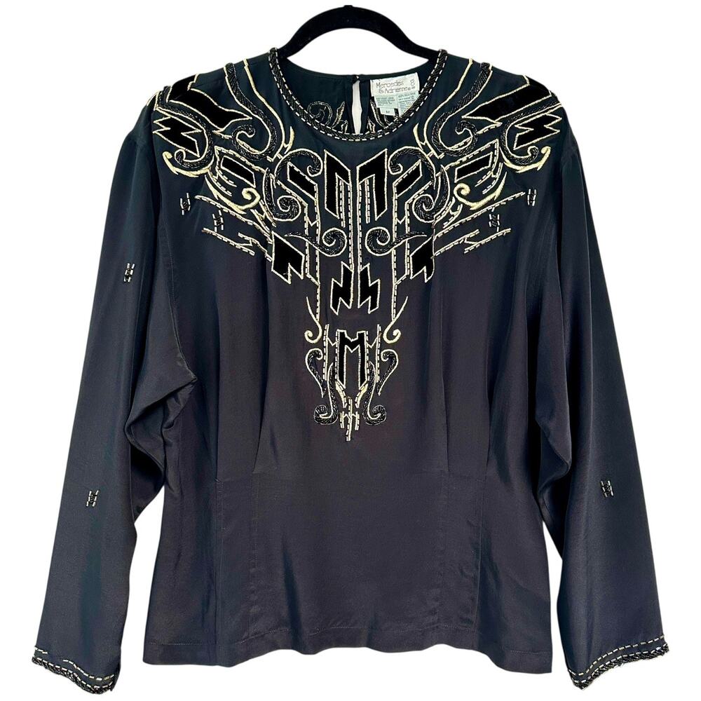 Vintage Black Silk Beaded velvet Blouse Top Art Deco witchy gothic evening L 12